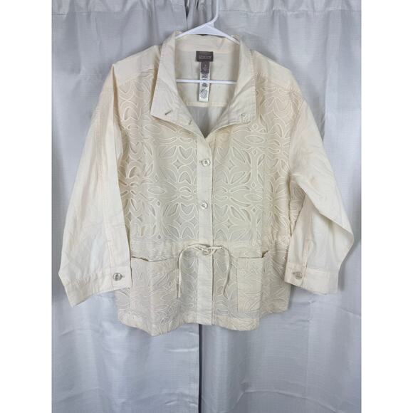 Chico's Jackets & Blazers - Chicos Embroidered Utility Jacket Size 3 Boho Lagenlook Coastal Chic